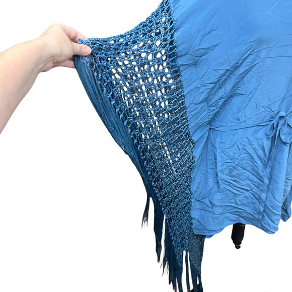 Boho Luxe Fringe Tunic Dress Gold Hawk Blue Silk‎ Crochet Festival Size M - Picture 3 of 7